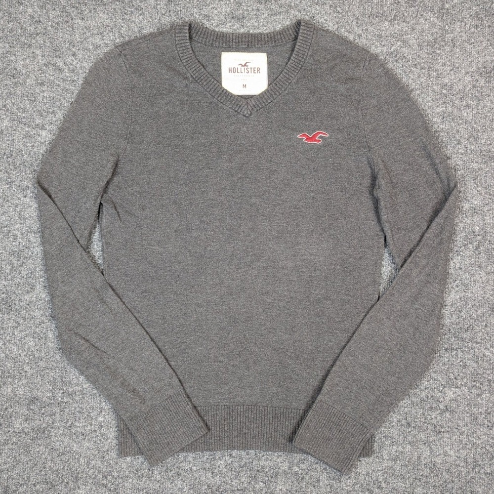 Hollister Mens V-Neck Sweater Gray Red Seagull Logo Size Medium Long Sleeve